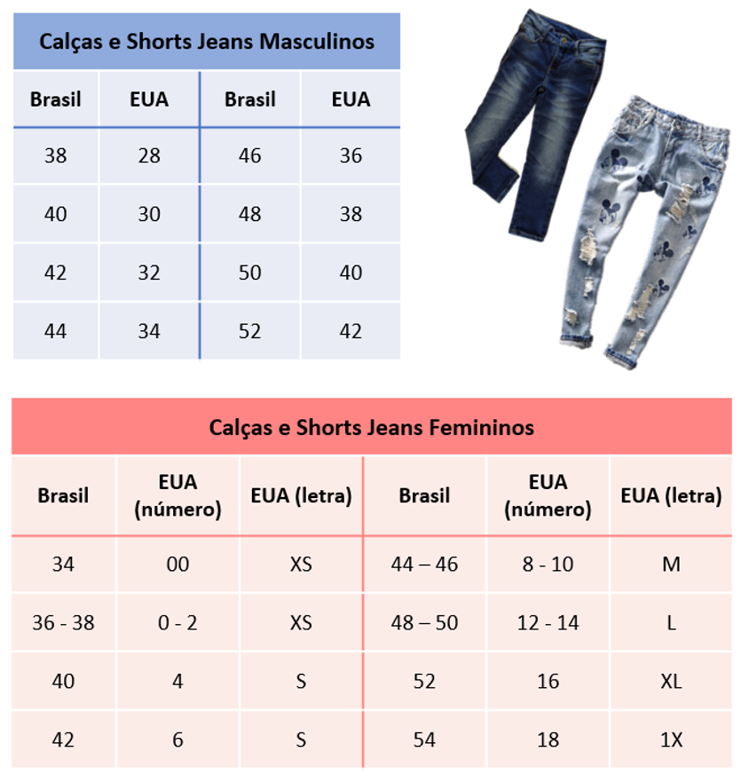 calça jeans numeração americana